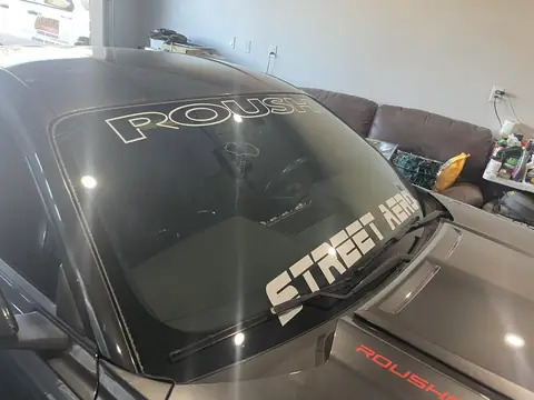 2016 Ford Mustang Roush window tint: Premium25% full windshield, 10in Sunstrip 5%