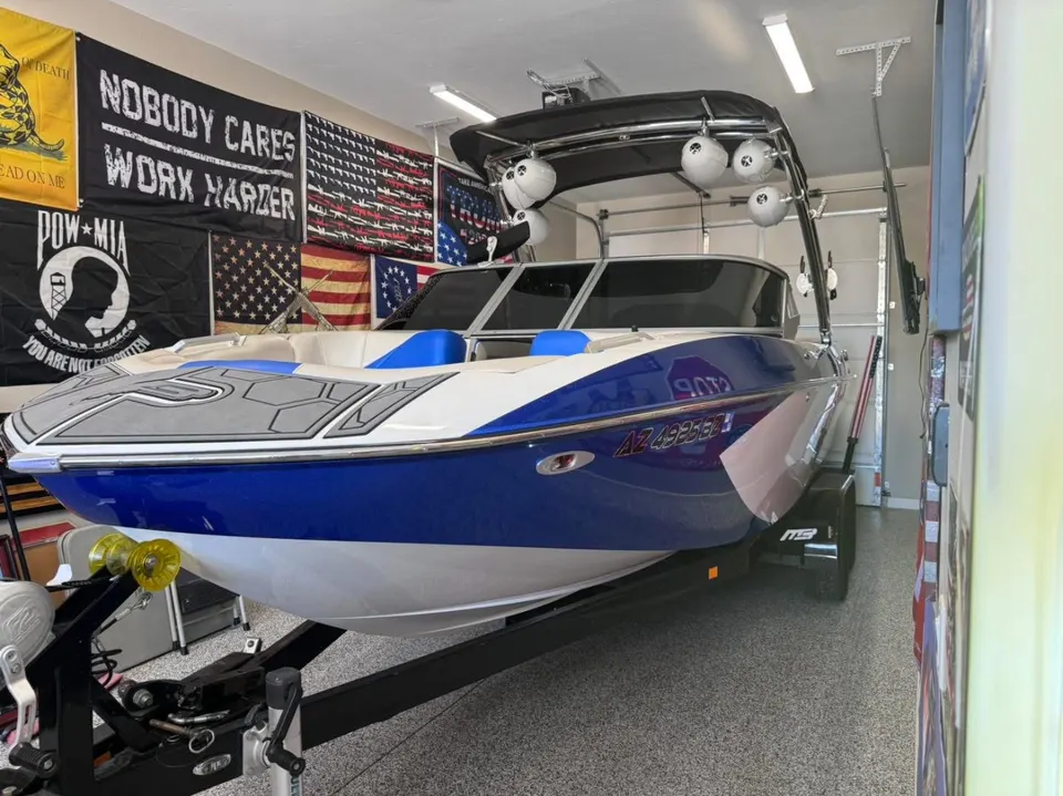 Performance boat in the shop for tint work