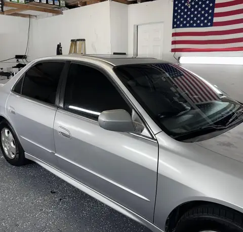 Honda Accord window tint: Removal of old faded film, New 5% rear doors and rear window, 15% front doors, 3% sunstrip