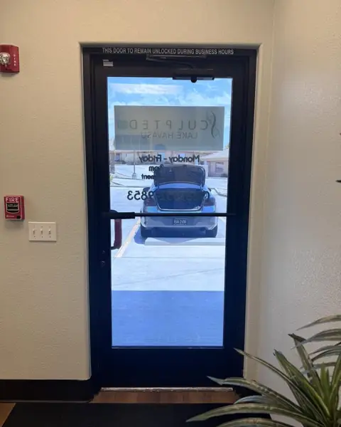 Office door and windows in dual reflective film: We installed our dual reflective 5% on the entry door and break room window, And installed our 35%