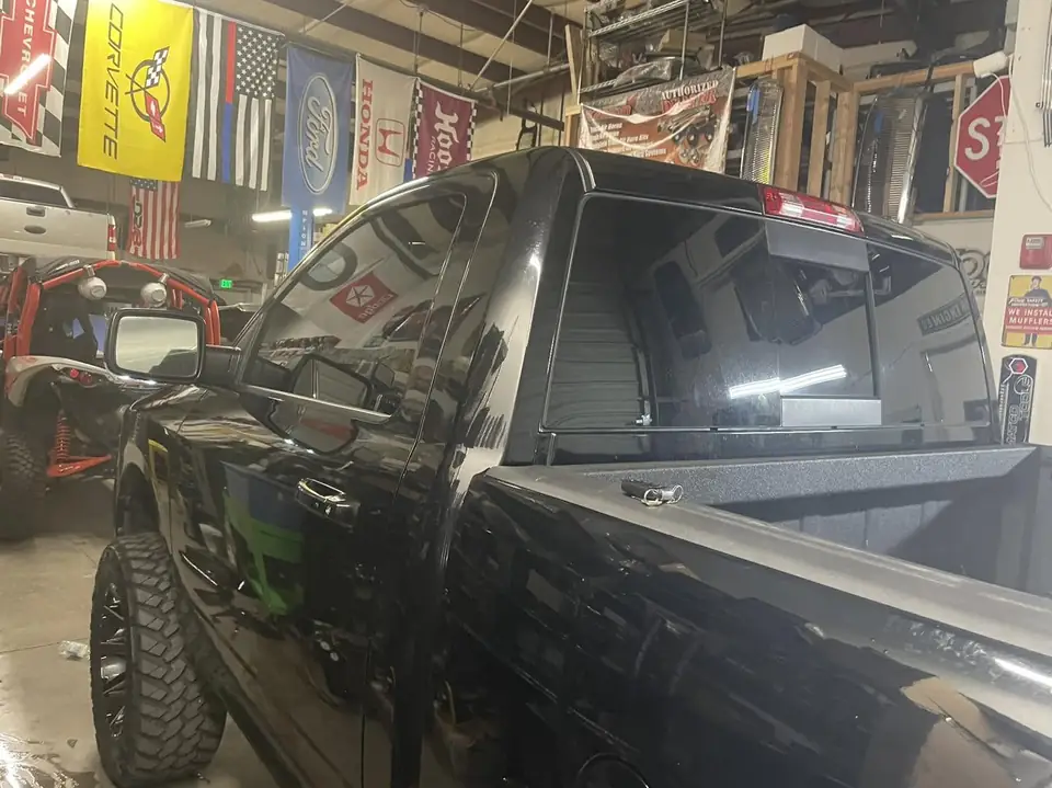 Ram single cab window tint: Removed all the old tint, Premium Ceramic 5% both doors and rear windows, Premium Ceramic 35% for the full windshield (view 3)